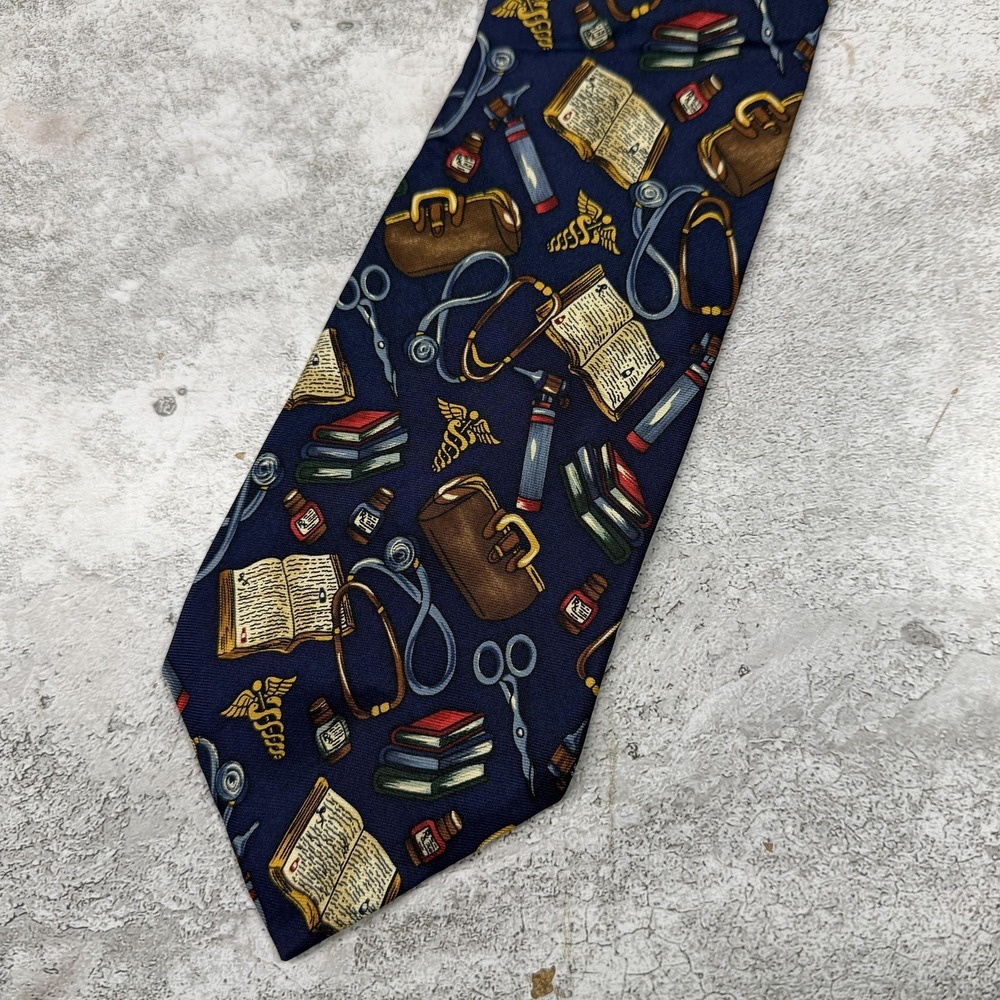 VTG Alynn Neckwear Silk Tie Mens One Size Blue Medical Doctor 100% Silk Made USA